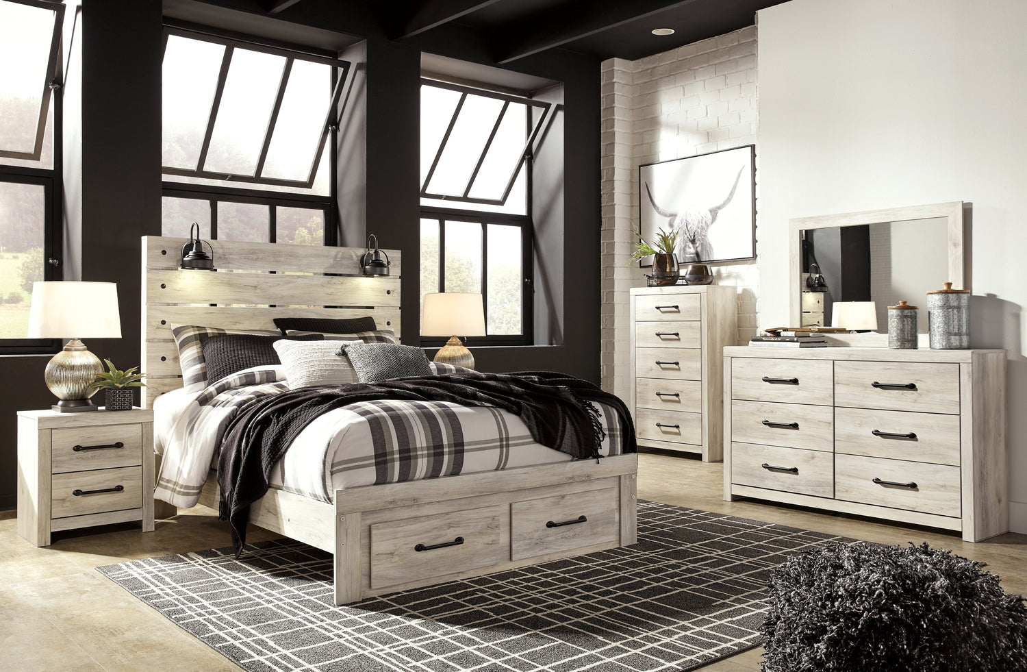 Cambeck Queen Panel Bed with 2 Storage Drawers with Mirrored Dresser, Chest and 2 Nightstands in Whitewash - PKG003097