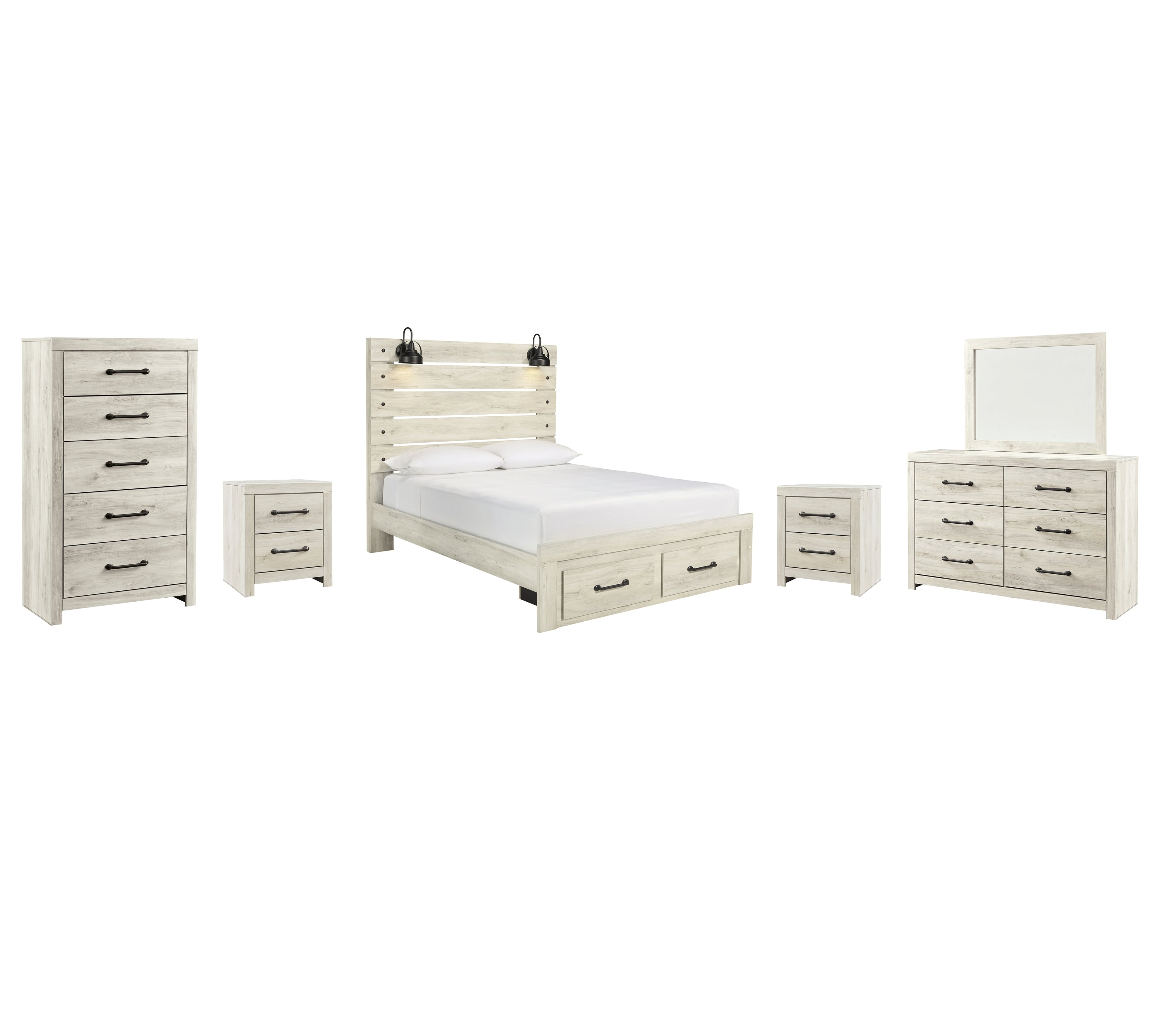 Cambeck Queen Panel Bed with 2 Storage Drawers with Mirrored Dresser, Chest and 2 Nightstands in Whitewash - PKG003097