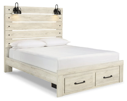 Cambeck Queen Panel Bed with 2 Storage Drawers with Mirrored Dresser, Chest and 2 Nightstands in Whitewash - PKG003097