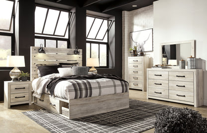 Cambeck Queen Panel Bed with 2 Storage Drawers with Mirrored Dresser, Chest and Nightstand in Whitewash - PKG002997