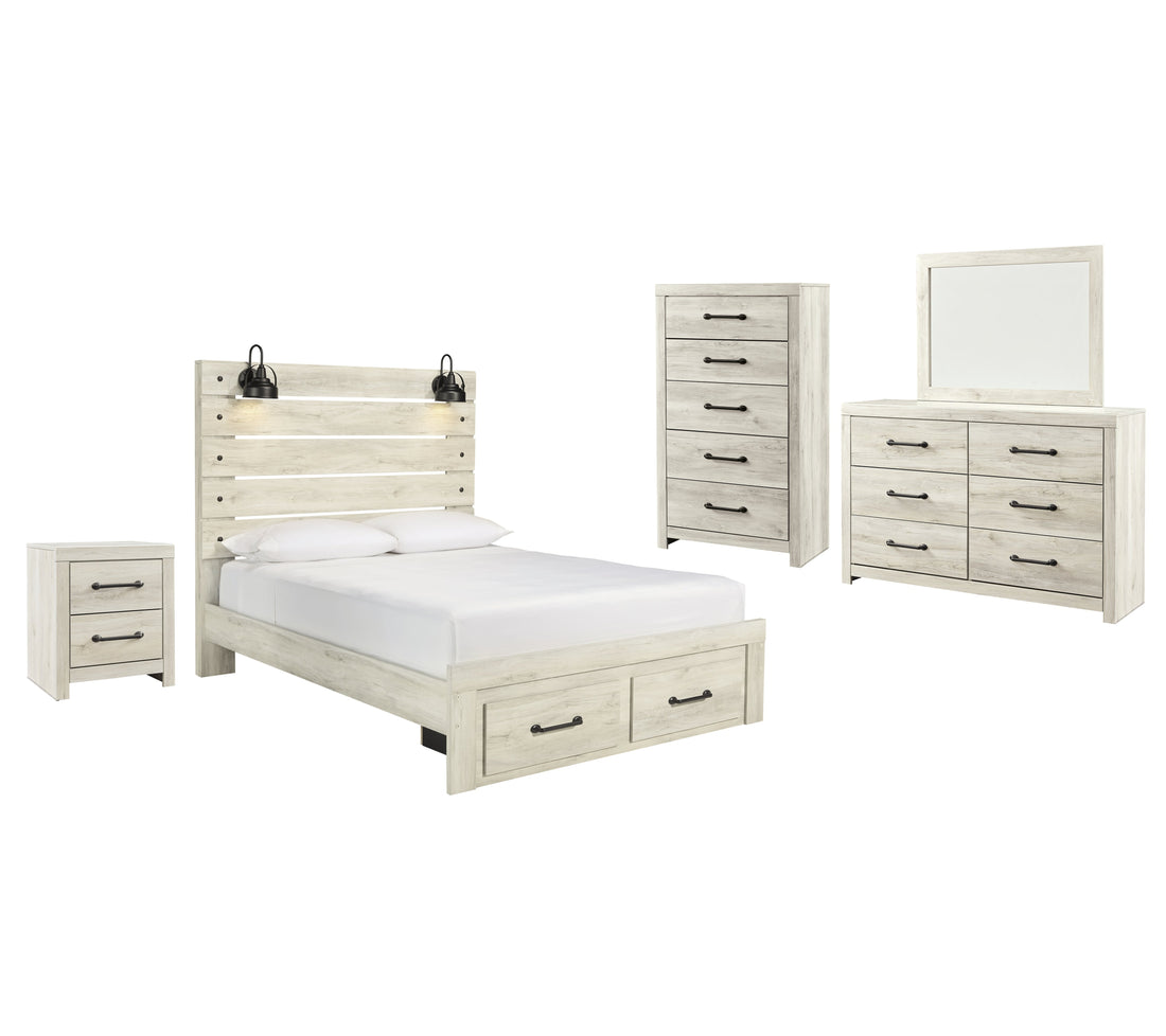Cambeck Queen Panel Bed with 2 Storage Drawers with Mirrored Dresser, Chest and Nightstand in Whitewash - PKG003096