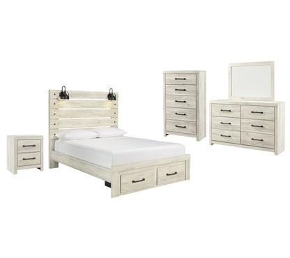 Cambeck Queen Panel Bed with 2 Storage Drawers with Mirrored Dresser, Chest and Nightstand in Whitewash - PKG003096
