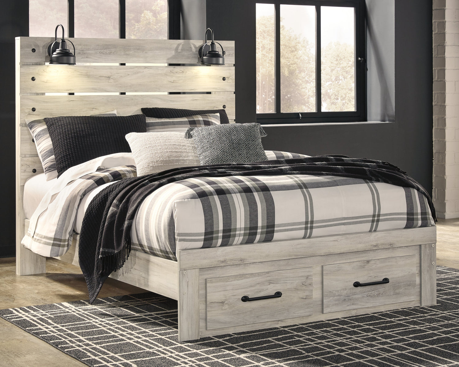 Cambeck Queen Panel Bed with 2 Storage Drawers with Mirrored Dresser in Whitewash - PKG003093