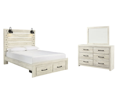Cambeck Queen Panel Bed with 2 Storage Drawers with Mirrored Dresser in Whitewash - PKG003093