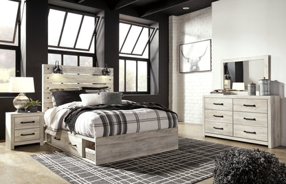 Cambeck Queen Panel Bed with 4 Storage Drawers with Mirrored Dresser and 2 Nightstands in Whitewash from Ashley - Luna Furniture