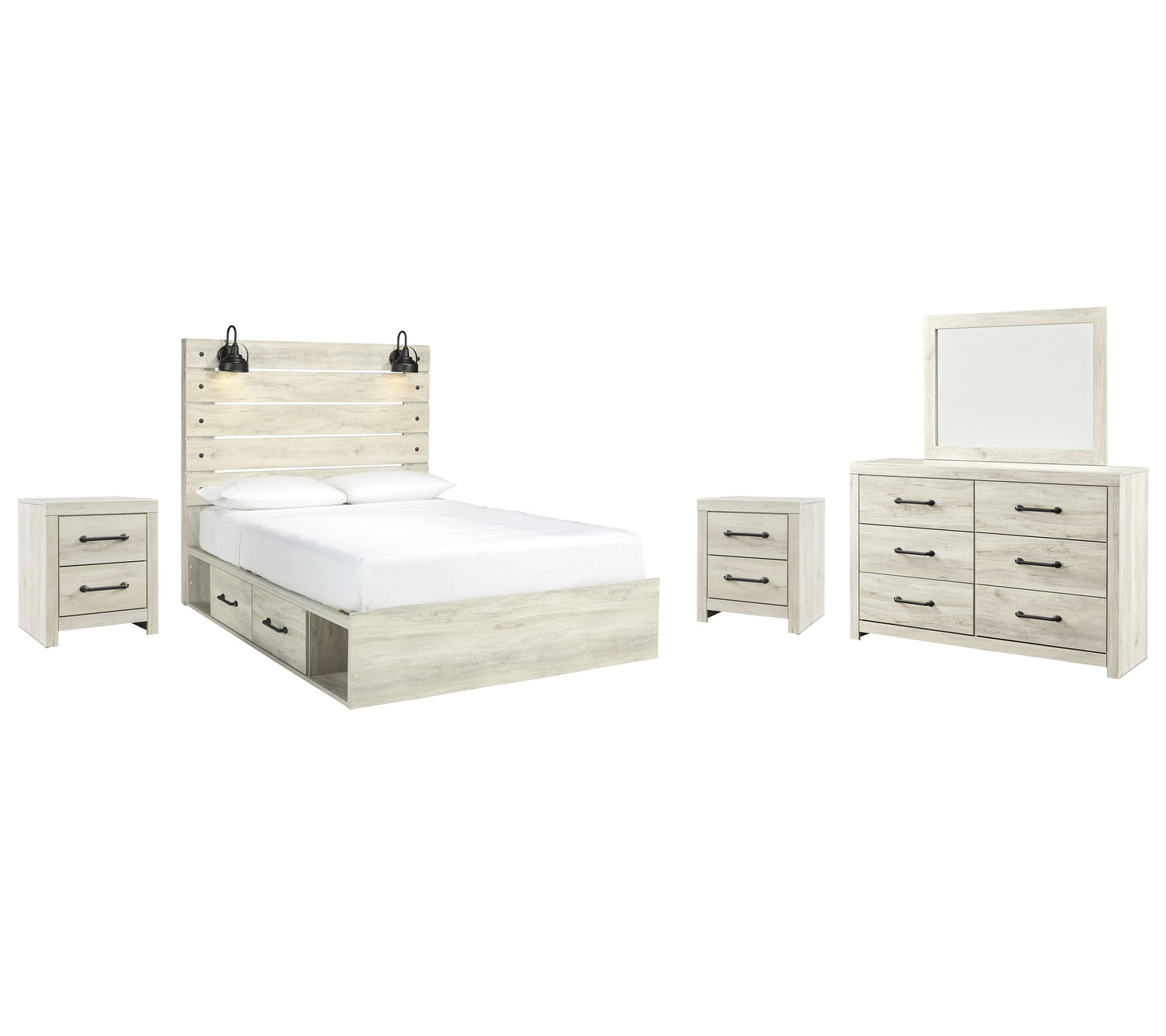 Cambeck Queen Panel Bed with 4 Storage Drawers with Mirrored Dresser and 2 Nightstands in Whitewash from Ashley - Luna Furniture
