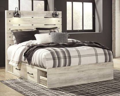 Cambeck Queen Panel Bed with 4 Storage Drawers with Mirrored Dresser and Chest in Whitewash from Ashley - Luna Furniture