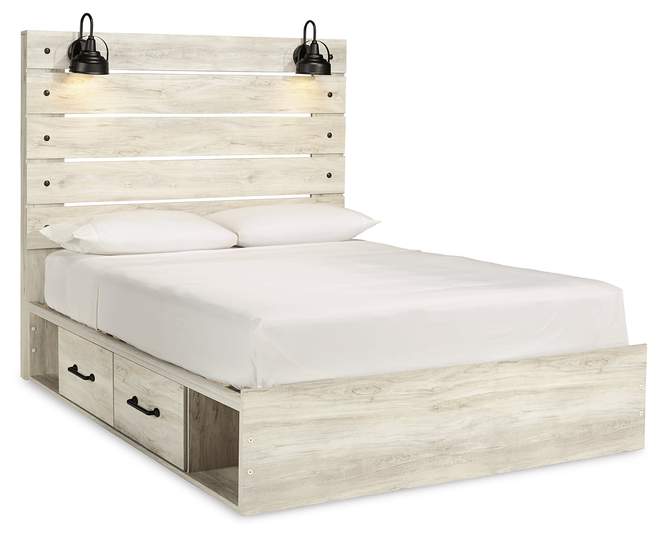 Cambeck Queen Panel Bed with 4 Storage Drawers with Mirrored Dresser and Chest in Whitewash - PKG003021