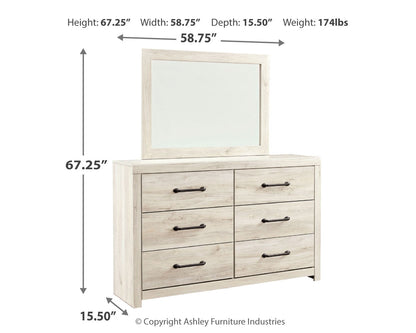 Cambeck Queen Panel Bed with 4 Storage Drawers with Mirrored Dresser, Chest and 2 Nightstands in Whitewash - PKG003023