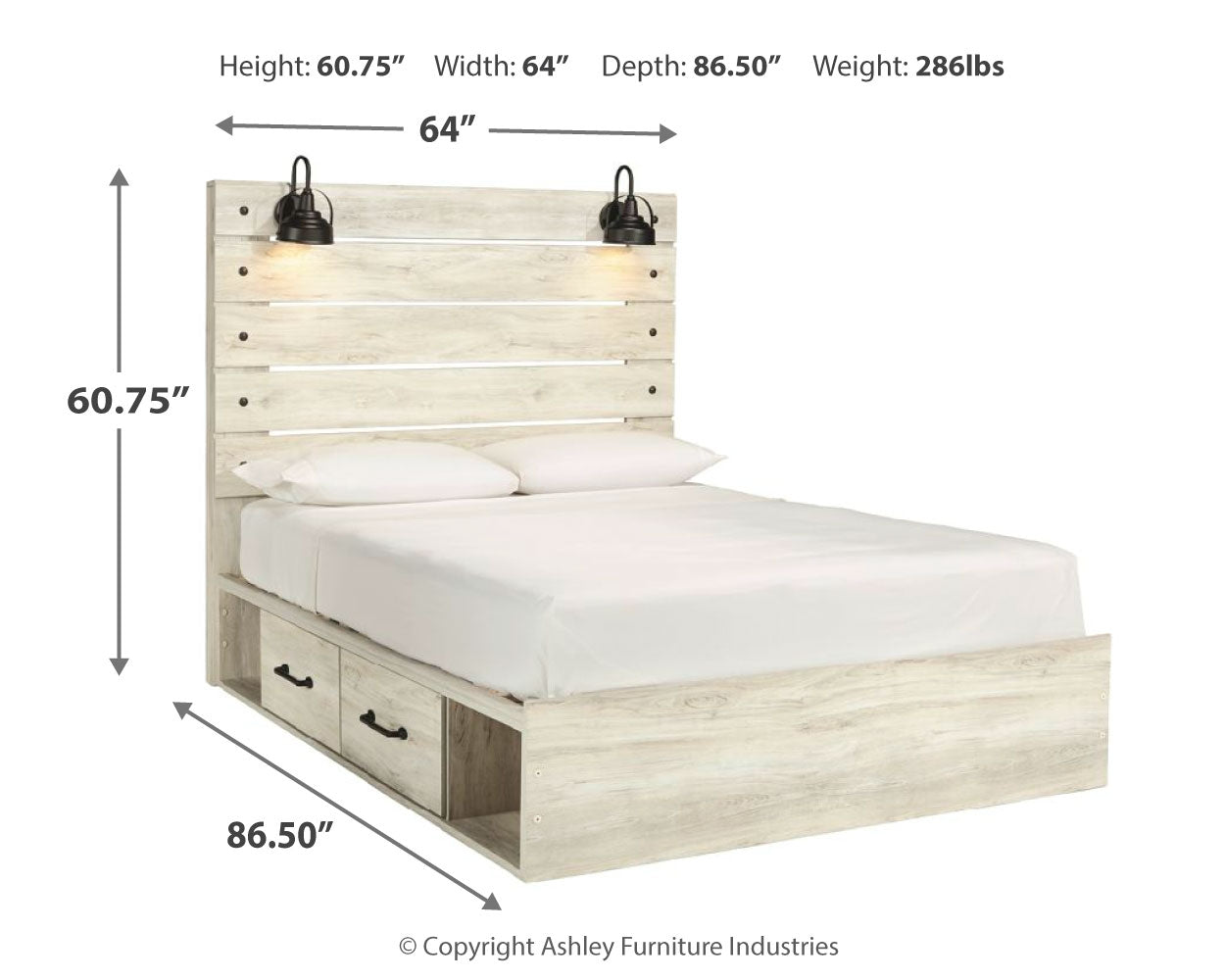 Cambeck Queen Panel Bed with 4 Storage Drawers with Mirrored Dresser, Chest and 2 Nightstands in Whitewash - PKG003023
