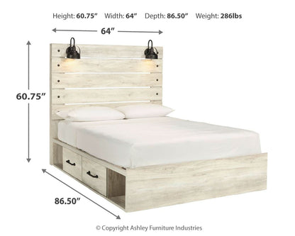 Cambeck Queen Panel Bed with 4 Storage Drawers with Mirrored Dresser, Chest and 2 Nightstands in Whitewash - PKG003023