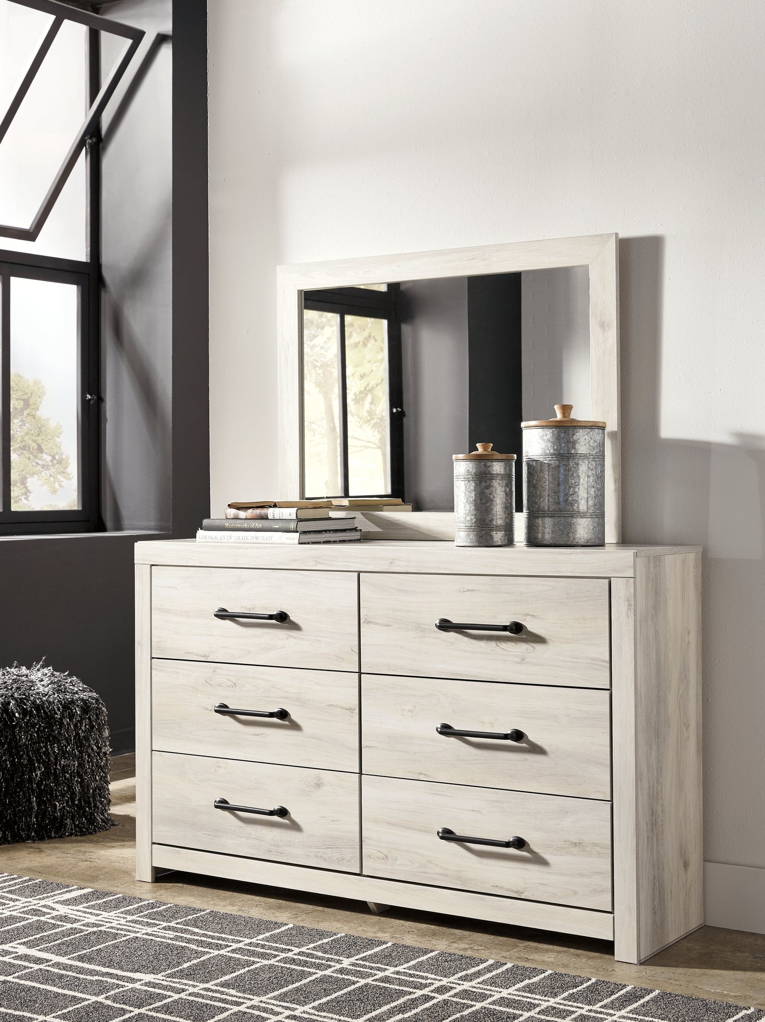 Cambeck Queen Panel Bed with 4 Storage Drawers with Mirrored Dresser, Chest and 2 Nightstands in Whitewash from Ashley - Luna Furniture