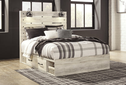 Cambeck Queen Panel Bed with 4 Storage Drawers with Mirrored Dresser, Chest and 2 Nightstands in Whitewash - PKG003023