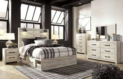 Cambeck Queen Panel Bed with 4 Storage Drawers with Mirrored Dresser, Chest and Nightstand in Whitewash - PKG003022