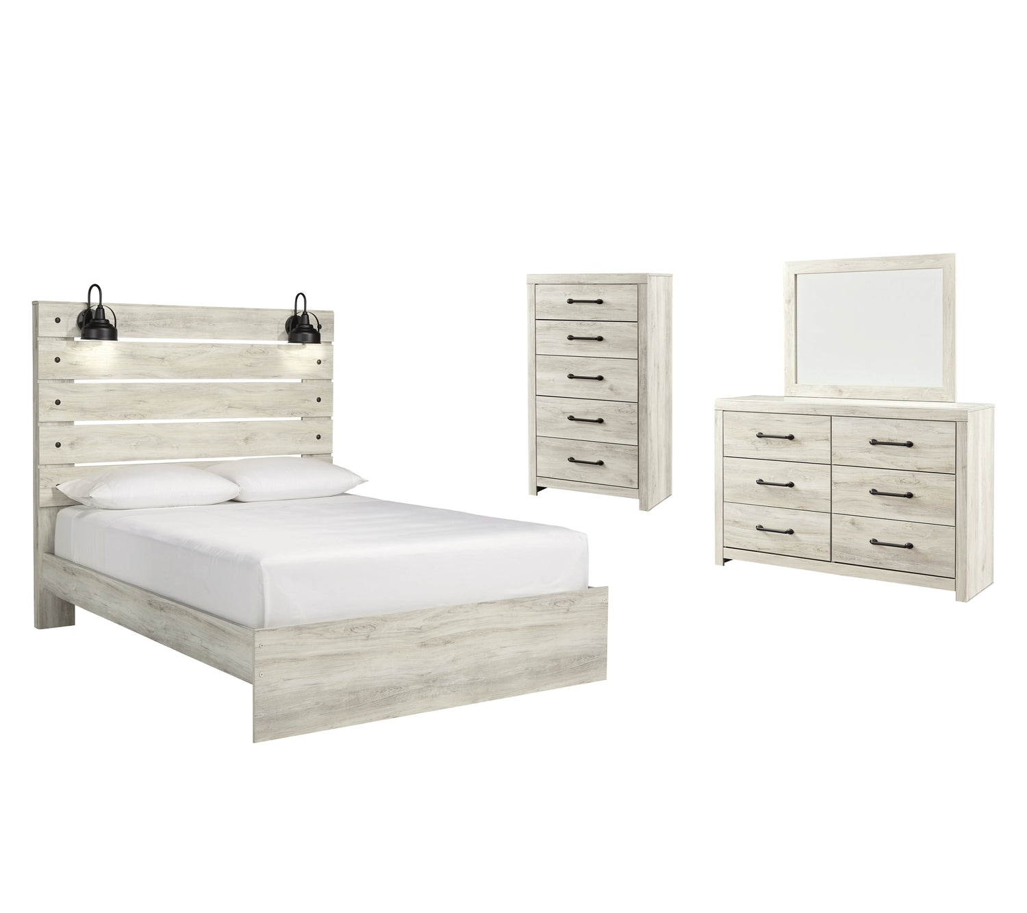 Cambeck Queen Panel Bed with Mirrored Dresser and Chest in Whitewash - PKG003083