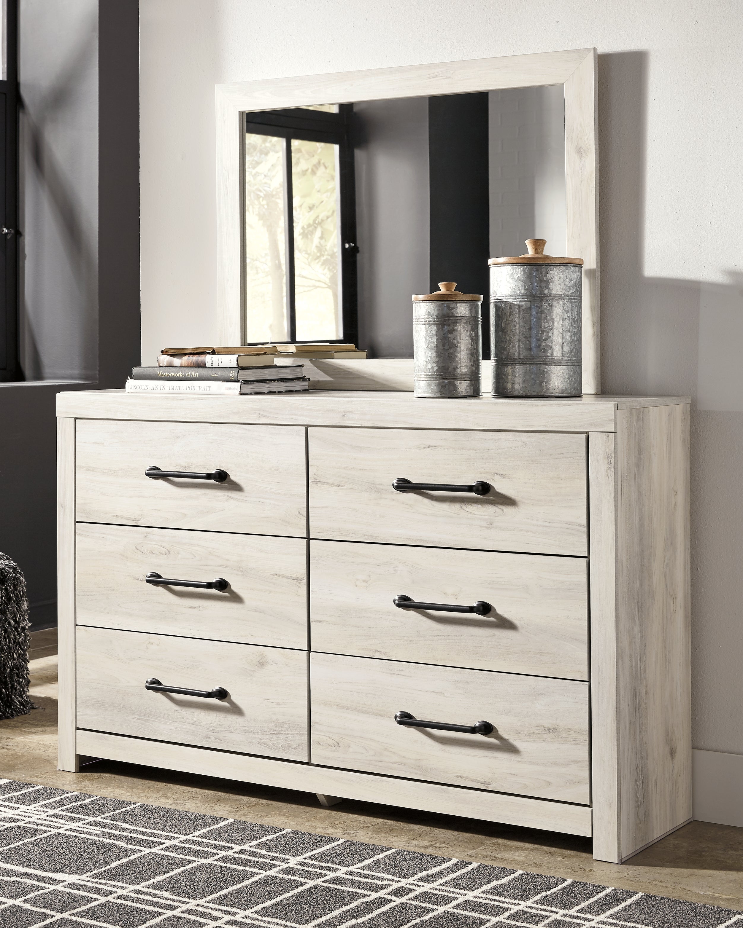 Cambeck Queen Panel Bed with Mirrored Dresser and Nightstand in Whitewash - PKG014117