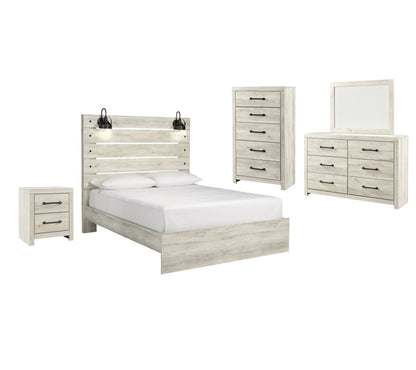 Cambeck Queen Panel Bed with Mirrored Dresser, Chest and Nightstand in Whitewash - PKG003084