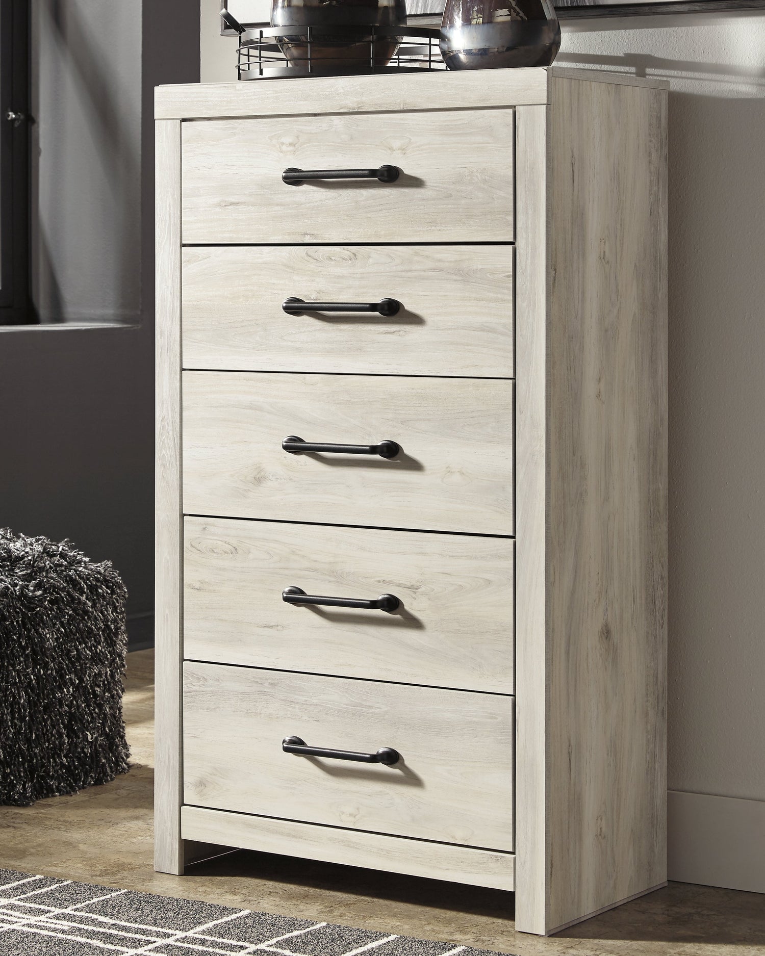 Cambeck Twin Panel Bed with 2 Storage Drawers with Mirrored Dresser and Chest in Whitewash - PKG002980
