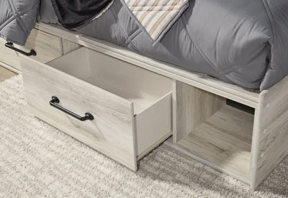 Cambeck Twin Panel Bed with 4 Storage Drawers with Mirrored Dresser and 2 Nightstands in Whitewash - PKG003014