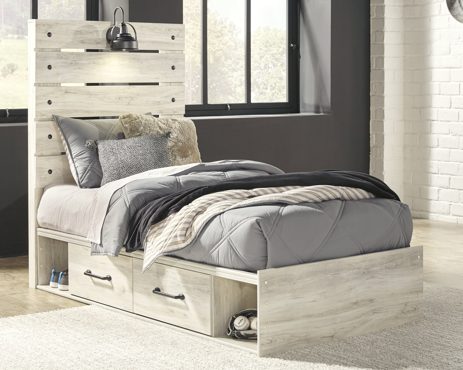 Cambeck Twin Panel Bed with 4 Storage Drawers with Mirrored Dresser and Chest in Whitewash - PKG003015