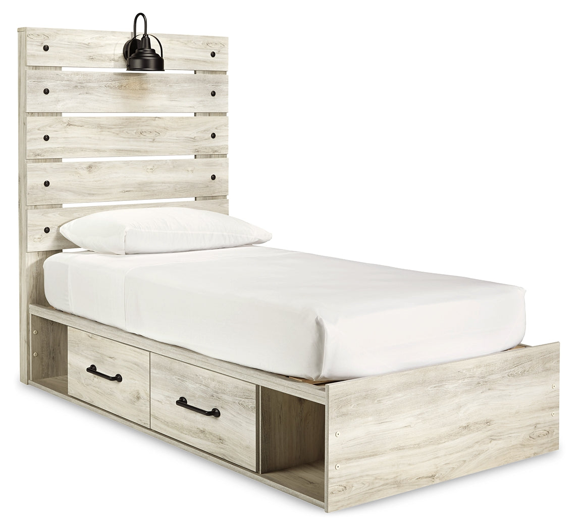 Cambeck Twin Panel Bed with 4 Storage Drawers with Mirrored Dresser, Chest and 2 Nightstands in Whitewash from Ashley - Luna Furniture