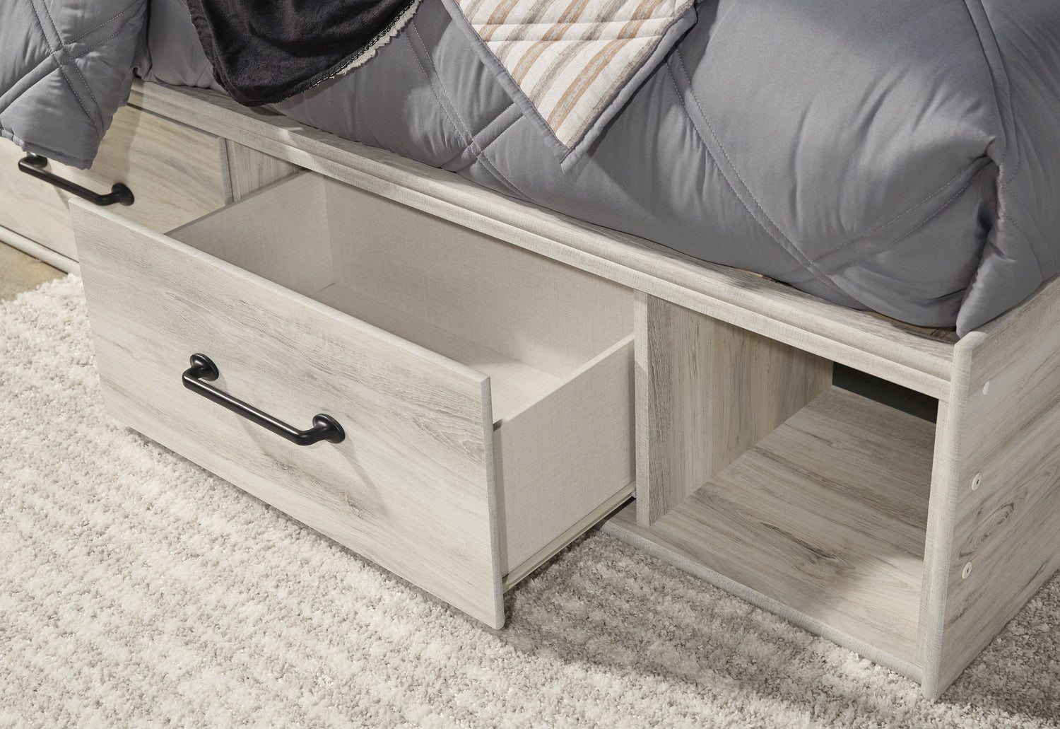 Cambeck Twin Panel Bed with 4 Storage Drawers with Mirrored Dresser, Chest and Nightstand in Whitewash - PKG003016