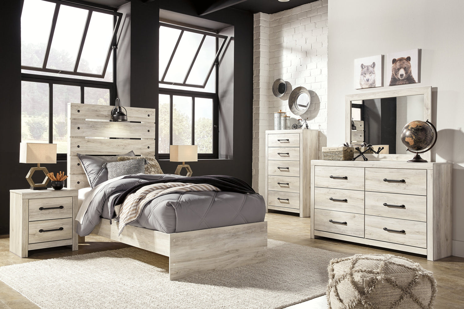 Cambeck Twin Panel Bed with Mirrored Dresser, Chest and 2 Nightstands in Whitewash - PKG003011