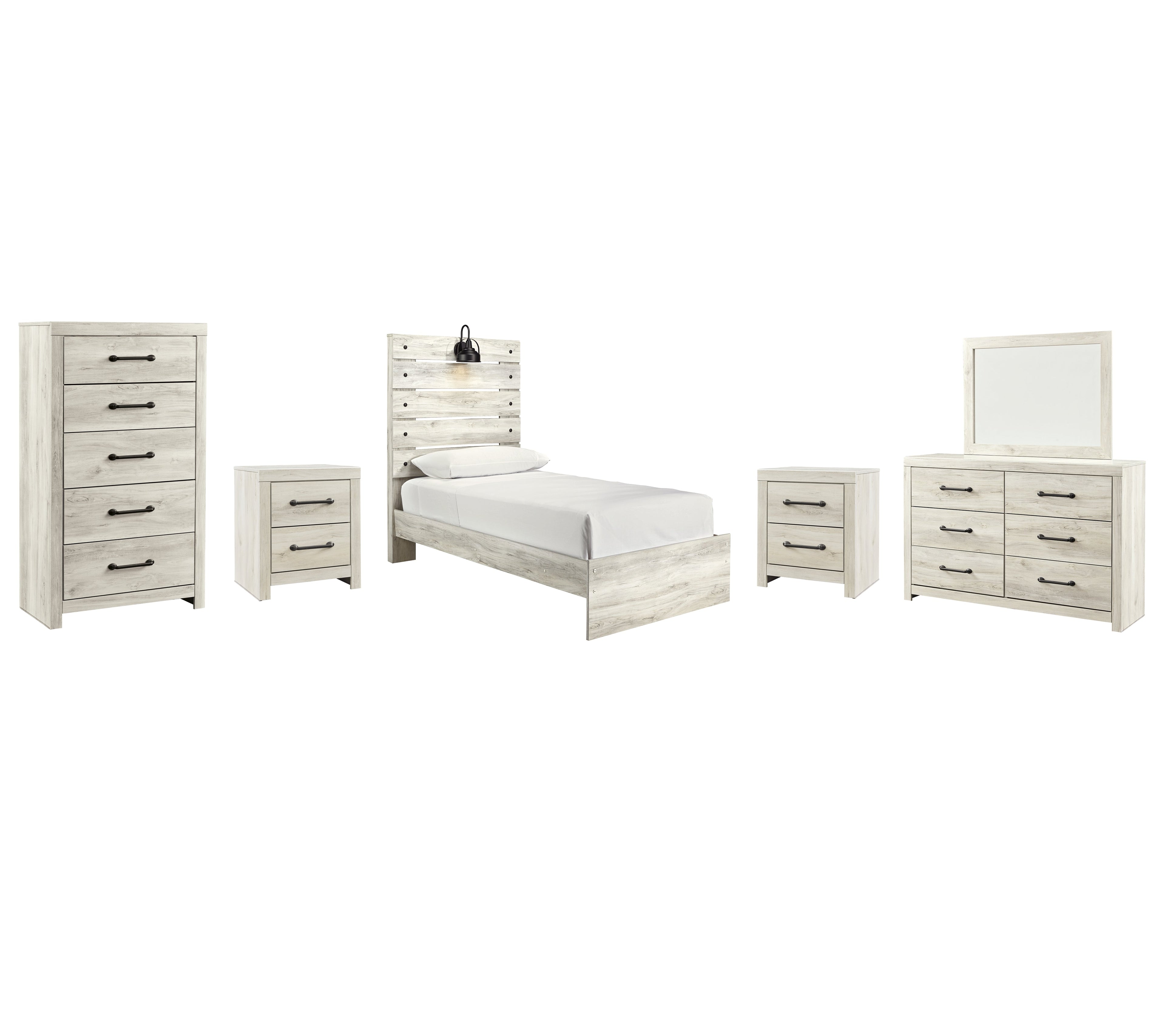 Cambeck Twin Panel Bed with Mirrored Dresser, Chest and 2 Nightstands in Whitewash - PKG003011