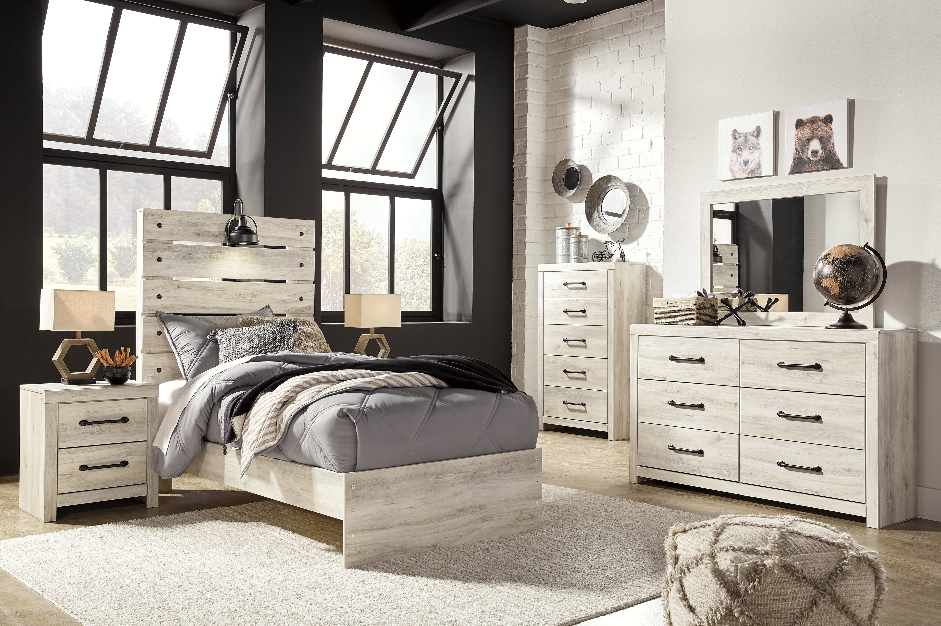 Cambeck Twin Panel Bed with Mirrored Dresser, Chest and Nightstand in Whitewash - PKG003010