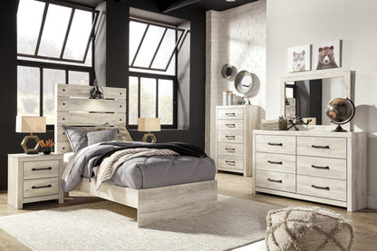 Cambeck Twin Panel Bed with Mirrored Dresser, Chest and Nightstand in Whitewash - PKG003010