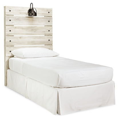 Cambeck Twin Panel Headboard Bed with Mirrored Dresser, Chest and 2 Nightstands in Whitewash - PKG002956
