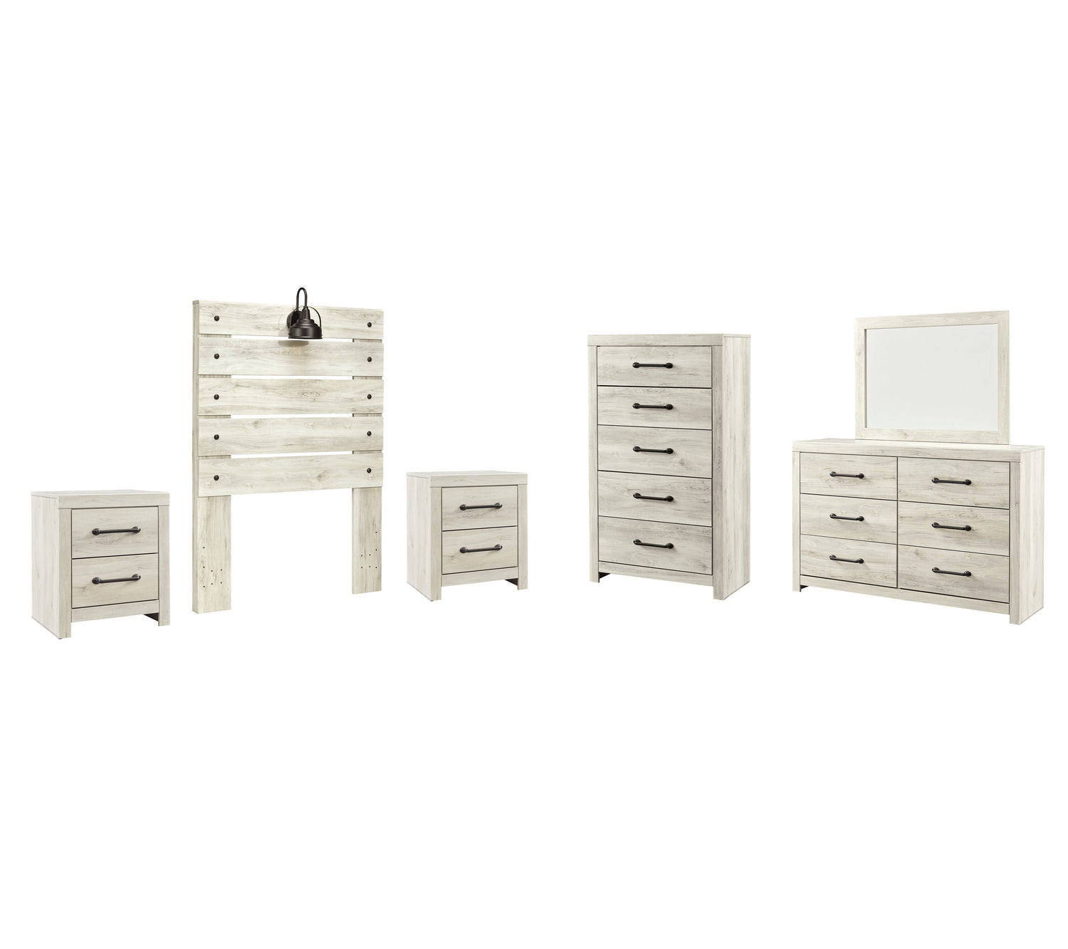 Cambeck Twin Panel Headboard Bed with Mirrored Dresser, Chest and 2 Nightstands in Whitewash - PKG002956