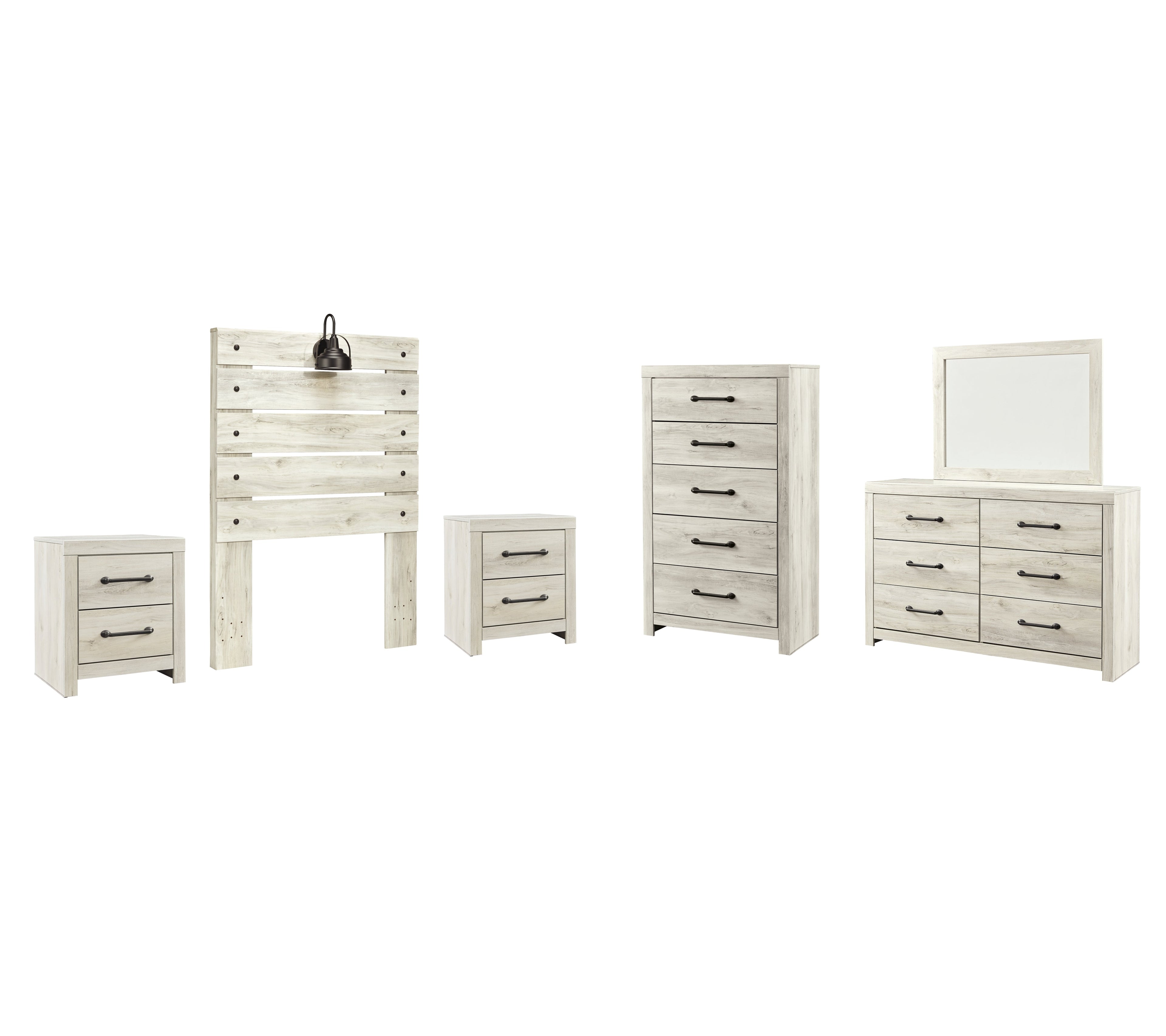 Cambeck Twin Panel Headboard Bed with Mirrored Dresser, Chest and 2 Nightstands in Whitewash - PKG002956