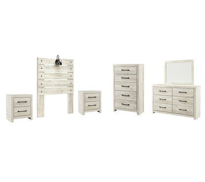 Cambeck Twin Panel Headboard Bed with Mirrored Dresser, Chest and 2 Nightstands in Whitewash - PKG002956