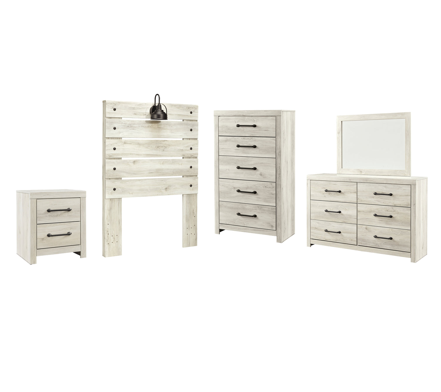 Cambeck Twin Panel Headboard Bed with Mirrored Dresser, Chest and Nightstand in Whitewash - PKG002955
