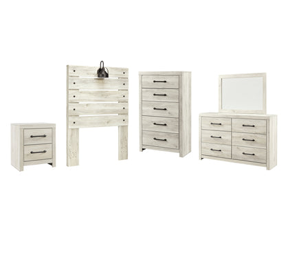 Cambeck Twin Panel Headboard Bed with Mirrored Dresser, Chest and Nightstand in Whitewash - PKG002955