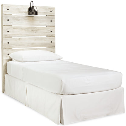 Cambeck Twin Panel Headboard Bed with Mirrored Dresser in Whitewash - PKG002951