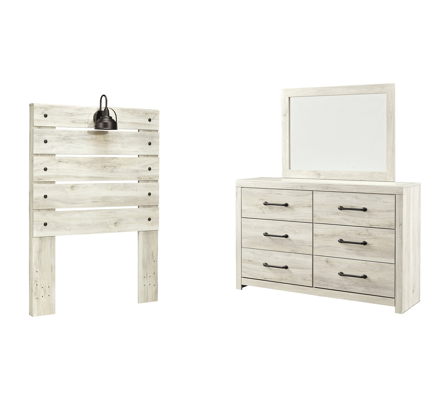 Cambeck Twin Panel Headboard Bed with Mirrored Dresser in Whitewash - PKG002951