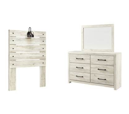 Cambeck Twin Panel Headboard Bed with Mirrored Dresser in Whitewash - PKG002951