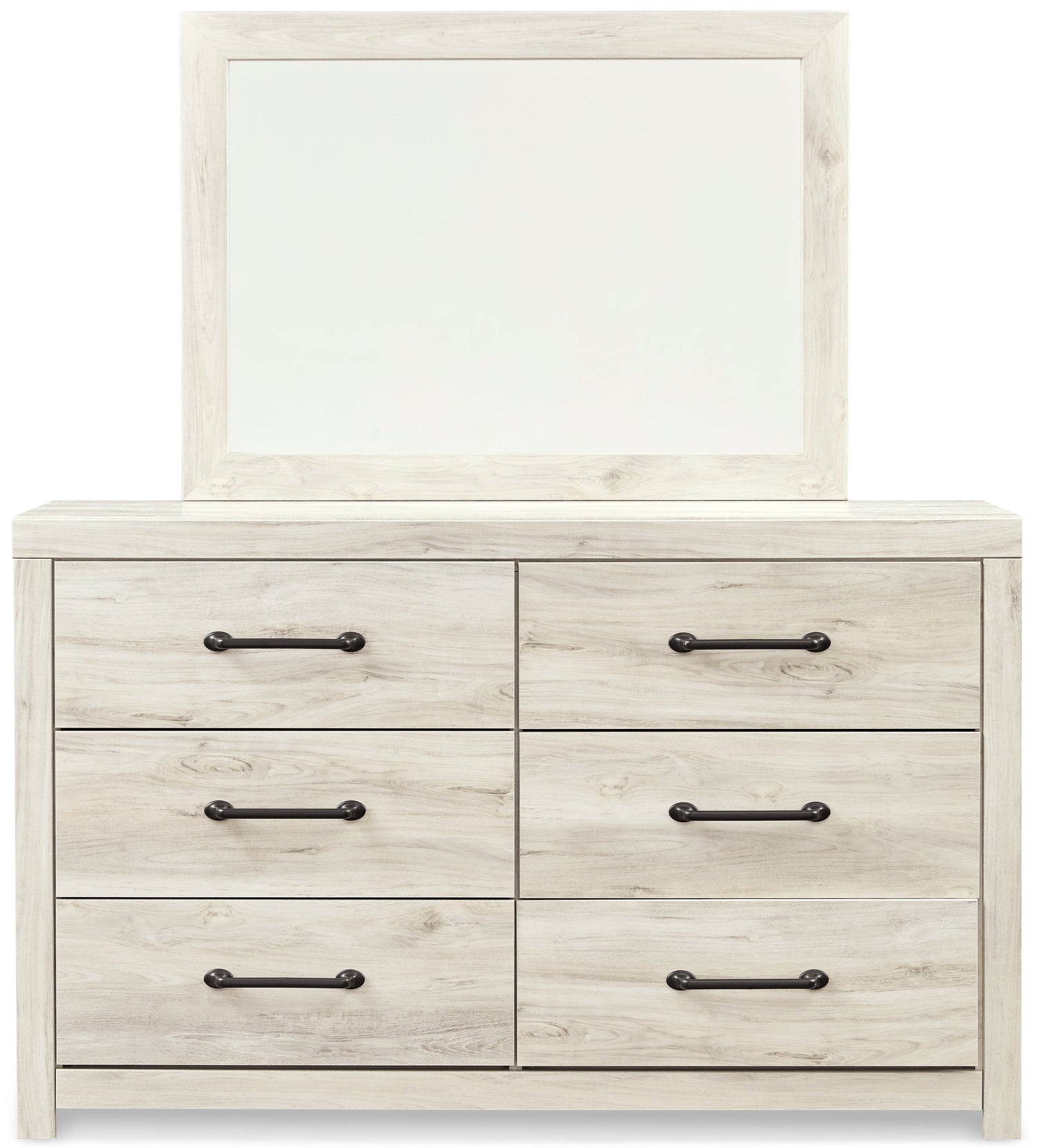 Cambeck Twin Panel Headboard Bed with Mirrored Dresser in Whitewash - PKG002951