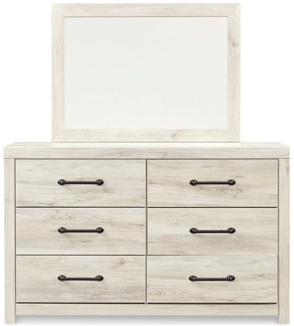 Cambeck Twin Panel Headboard Bed with Mirrored Dresser in Whitewash - PKG002951