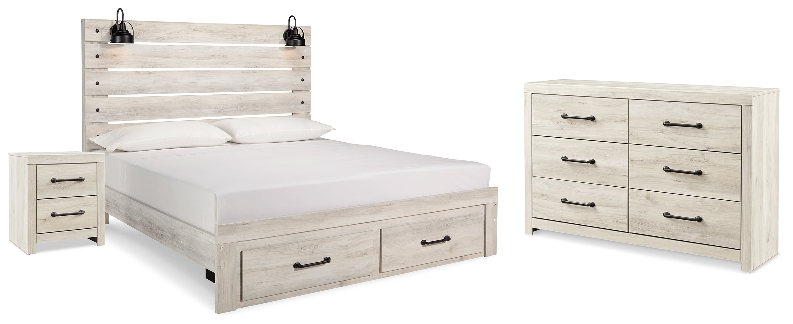 Cambeck Whitewash King Panel Storage Bed, Dresser and Nightstand - B192B65