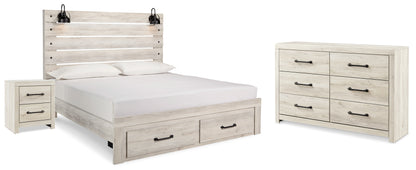 Cambeck Whitewash King Panel Storage Bed, Dresser and Nightstand - B192B65