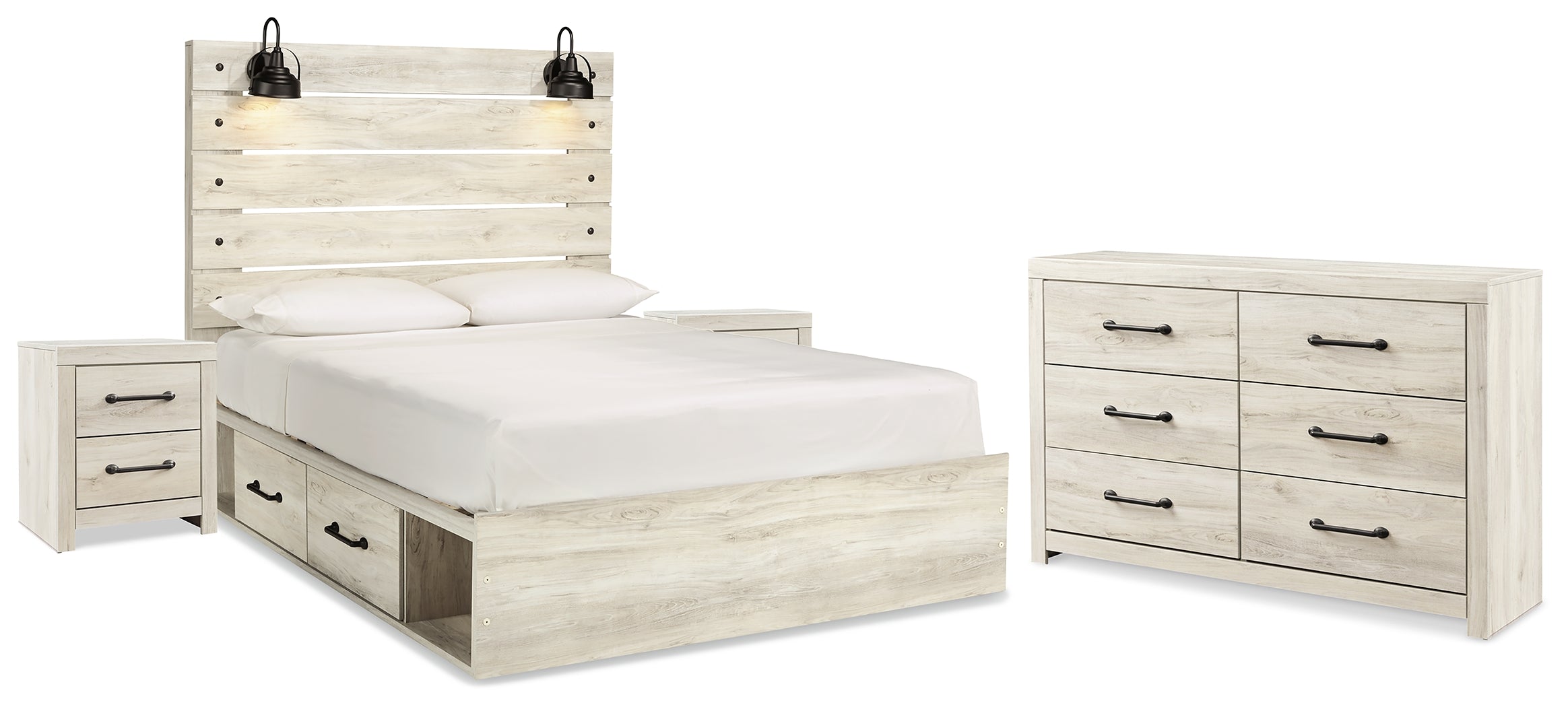 Cambeck Whitewash Queen Panel Bed with Storage, Dresser and 2 Nightstands - B192B99