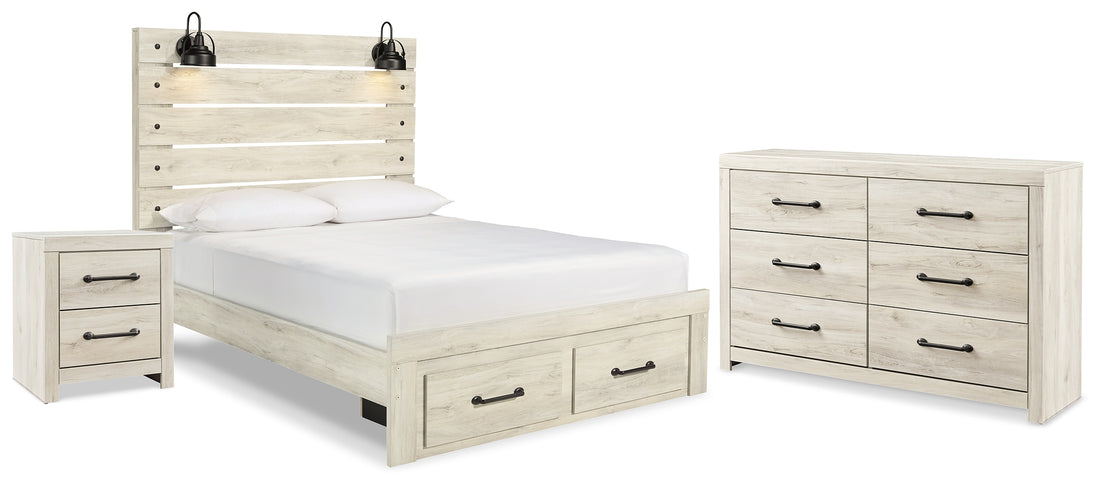 Cambeck Whitewash Queen Panel Storage Bed, Dresser and Nightstand - B192B64