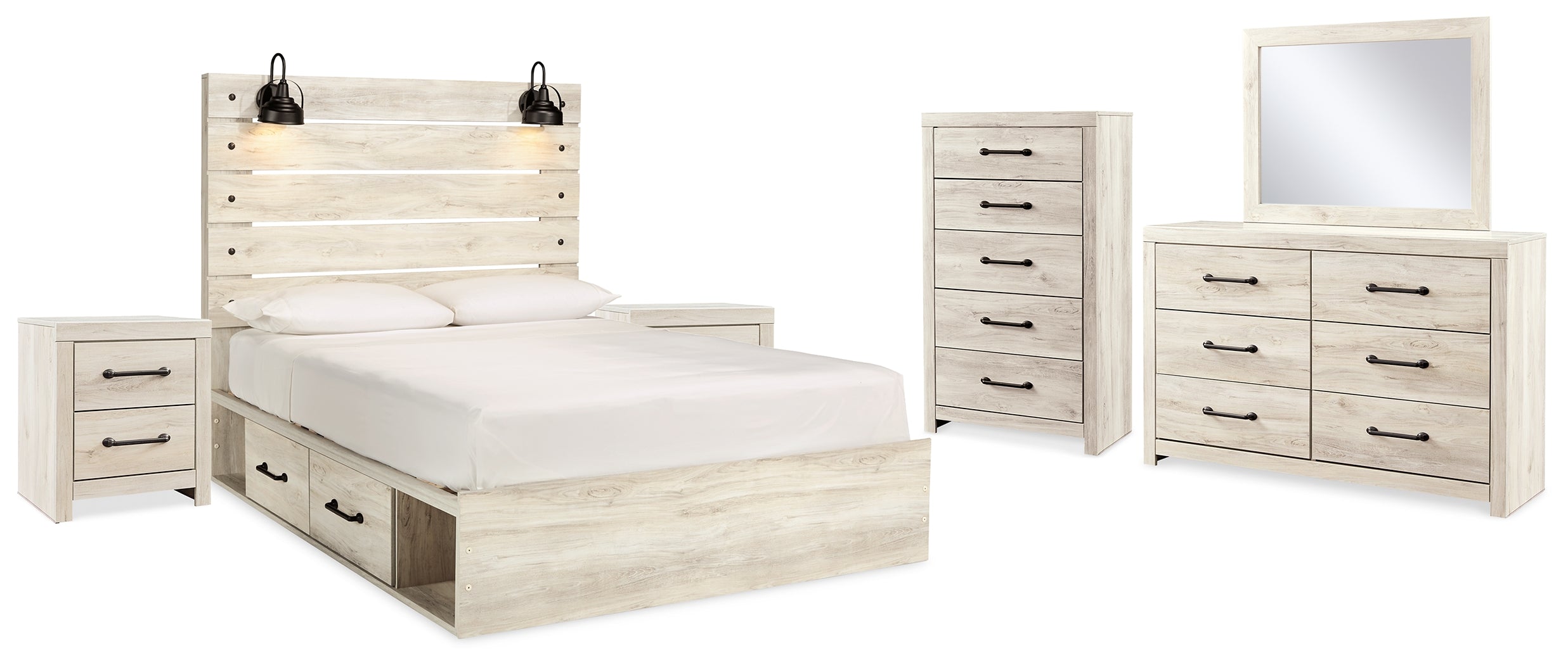 Cambeck Whitewash Queen Panel Storage Bed, Dresser, Mirror, 2 Chests and 2 Nightstands - B192B90