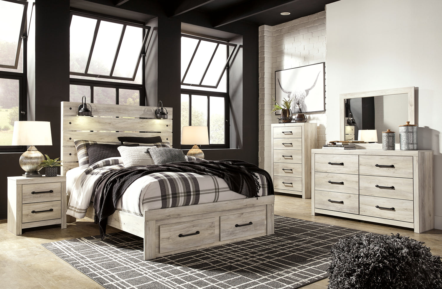 Cambeck Whitewash Queen Panel Storage Bed, Dresser, Mirror and Nightstand - B192B91