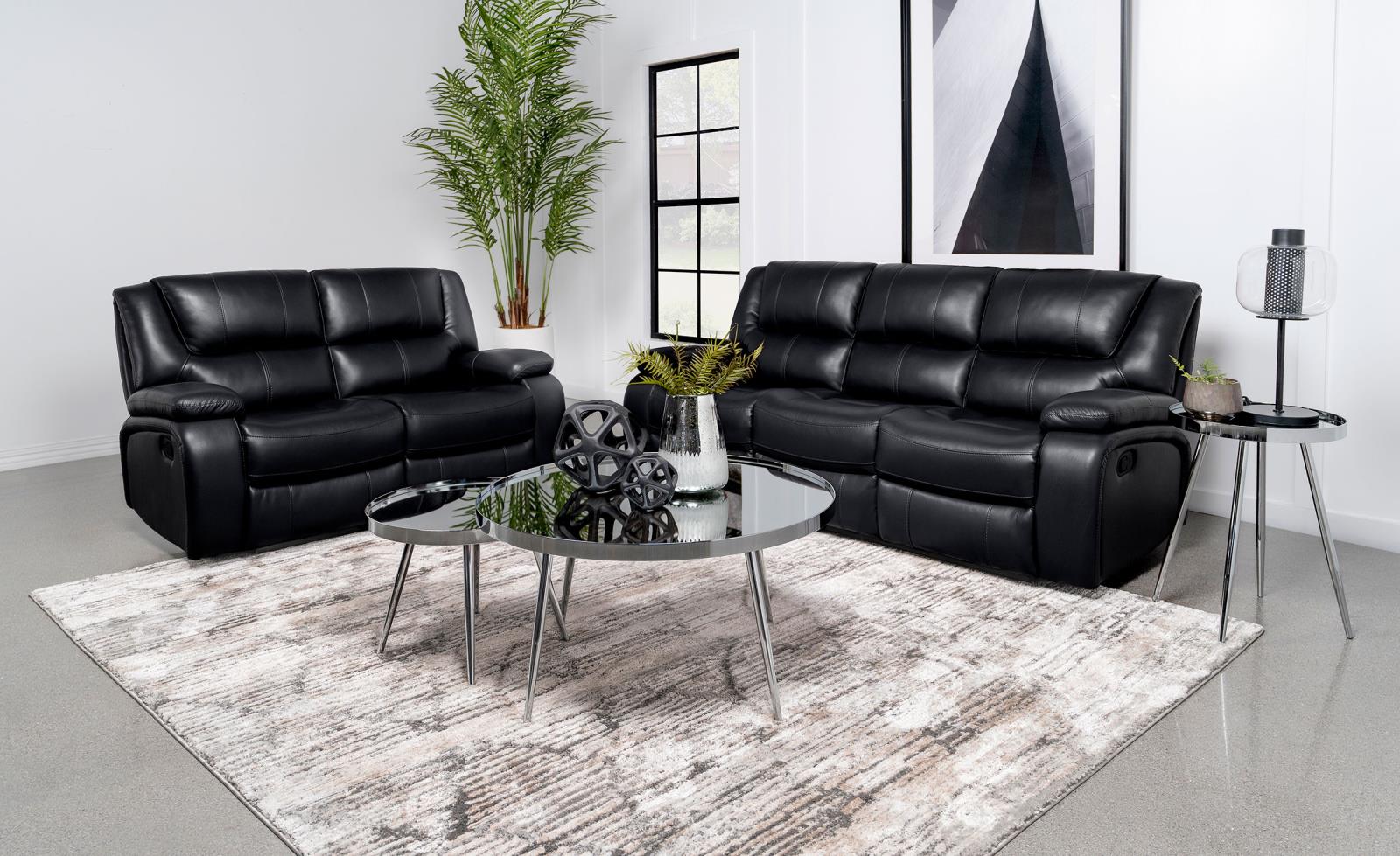 Camila Black 2-Piece Upholstered Motion Reclining Sofa Set from Coaster - Luna Furniture