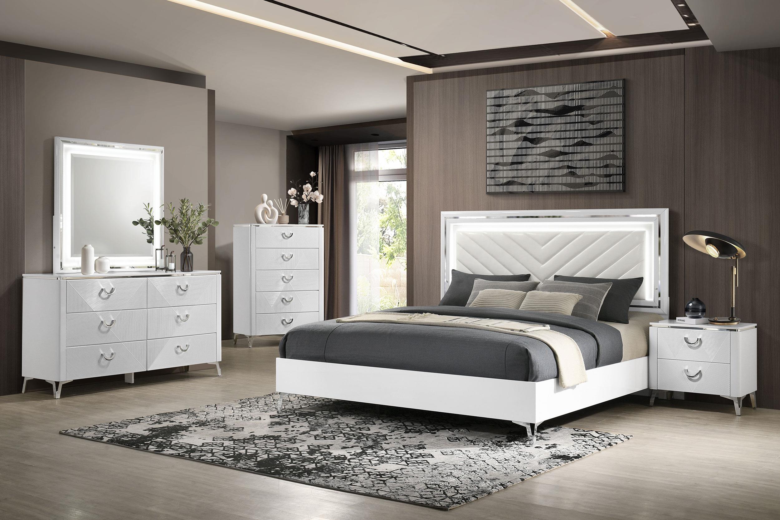 Cassia Eastern King LED Panel Bed White High Gloss - 215791KE