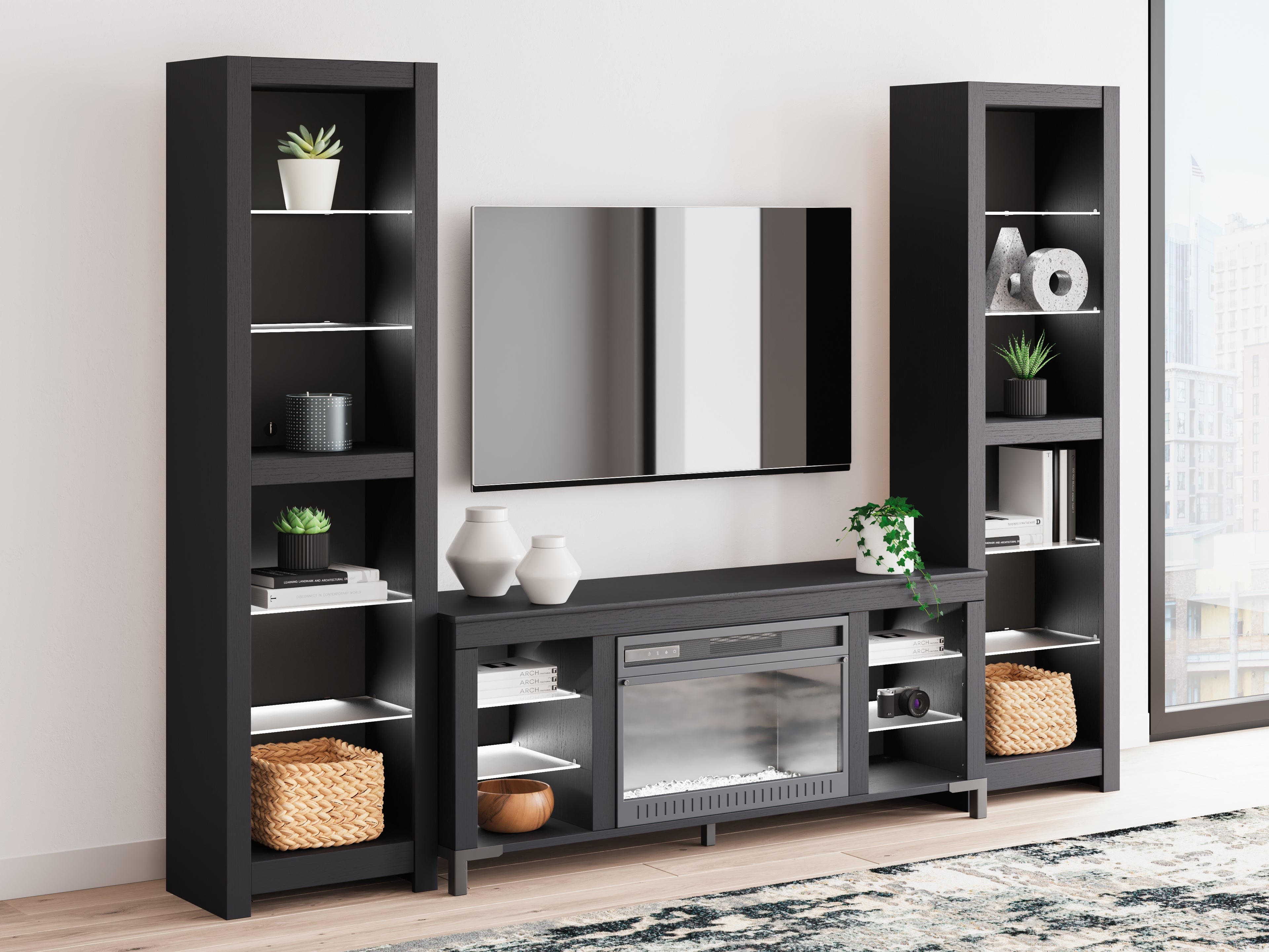 Cayberry Black 3-Piece Entertainment Center with Electric Fireplace - W2721W2